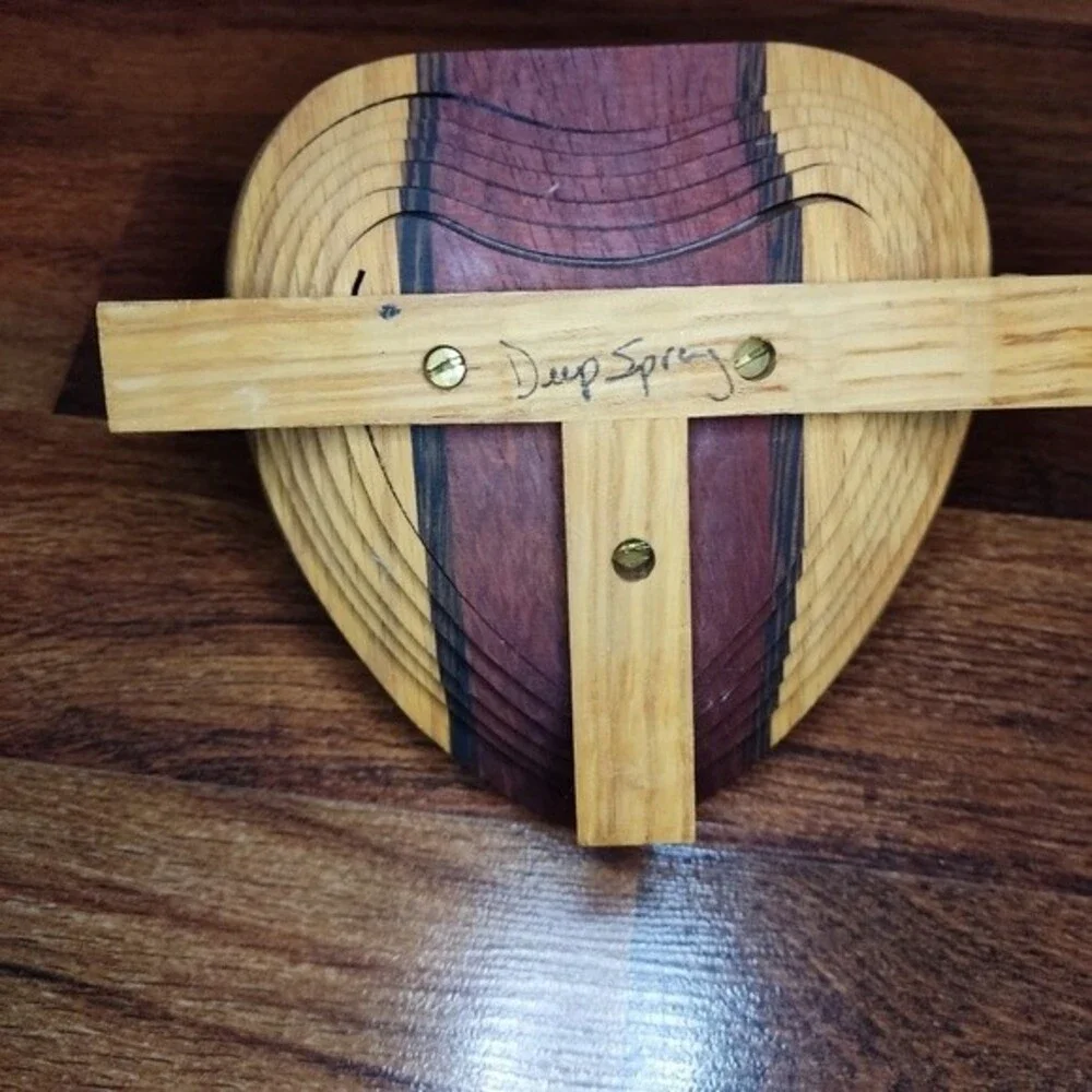 Deep Spring Collapsible Wooden Heart Basket Trivet Spiral Cut